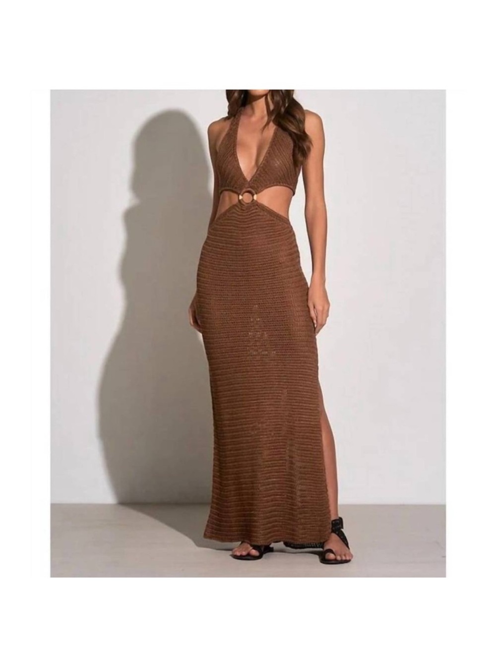 Elan Chocolate Brown Backless Crochet Halter Maxi Dress